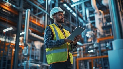 Poster - A man in a yellow safety vest is looking at a tablet while standing in a factory