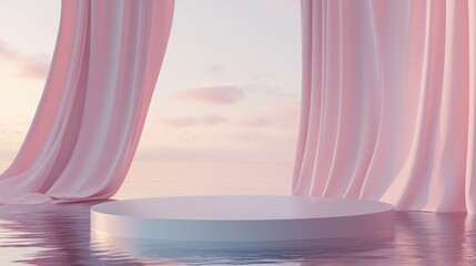 Wall Mural - Contemporary 3D render featuring a platform podium on water with waving curtains. Realistic pastel tones and a minimalistic backdrop are perfect for product showcases