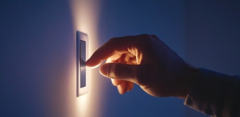 Poster - Close-up of a man's hand turning on a light switch in a home, with a white wall background. The man is touching a modern digital touch panel light with a minimalist design