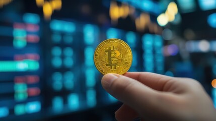 Poster - Hand Holding Gold Coin on Digital Background