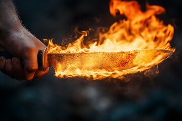 A fiery knife held aloft, creating a dramatic and intense visual, symbolizing power and danger.