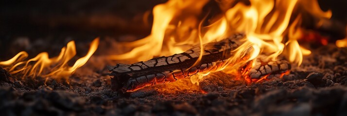 Close-up view of burning logs in a campfire emitting orange flames and glowing embers on a dark night.