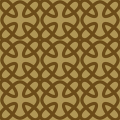 Poster - Vector geometric seamless pattern with medieval motifs. Abstract ornament texture in gothic style. Simple golden background with cross shapes, floral silhouettes, grid. Repeatable old fashioned design