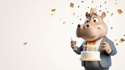 Wall Mural - Cheerful Hippo Celebrating Birthday with Cake and Candles