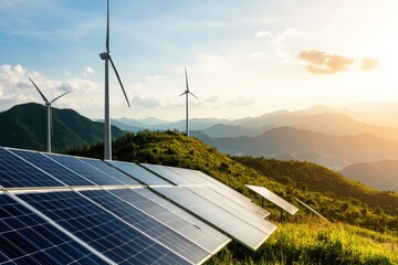 Wind turbines and solar panels in a lush green landscape during sunset, showcasing renewable energy technology in harmony with nature.