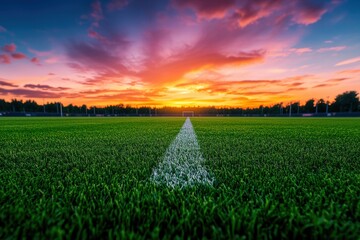 A beautiful sunset over a sports field, showcasing vibrant colors and a lush green grass surface, perfect for outdoor activities.