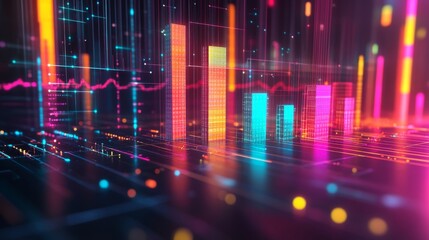 Poster - A dynamic 3D bar graph with glowing neon bars, showing data comparison in a high-tech setting with grid lines and axis markers.