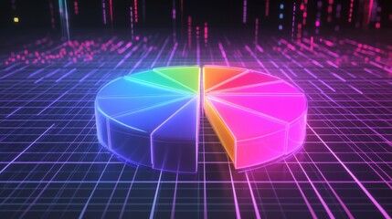 Aufkleber - A dynamic 3D pie chart with glowing neon-colored slices, separated to emphasize individual data points, set against a digital grid background.