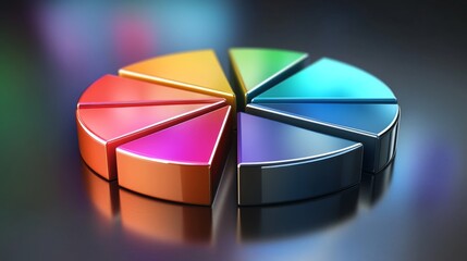 Leinwandbilder - A dynamic 3D pie chart with metallic segments, arranged on a reflective surface, representing financial data and business performance