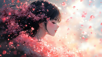 Poster - Anime Girl Surrounded by Pink Petals in a Spring Breeze