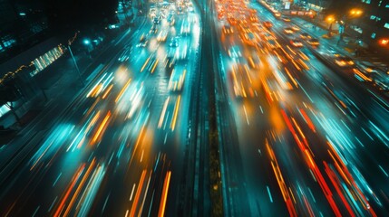 Poster - A dynamic aerial view of a busy expressway during rush hour, showcasing streams of headlights and taillights as vehicles move in both directions, illustrating the hustle of urban life.