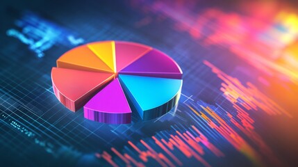 Leinwandbilder - A dynamic financial pie chart with bright, segmented slices showing business income allocation, overlaid on a blurred stock market graph for a high-tech feel.
