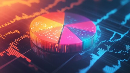 Leinwandbilder - A dynamic financial pie chart with bright, segmented slices showing business income allocation, overlaid on a blurred stock market graph for a high-tech feel.