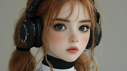 Poster - Girl with Headphones, Listening to Music, Digital Art, Illustration, Anime Style