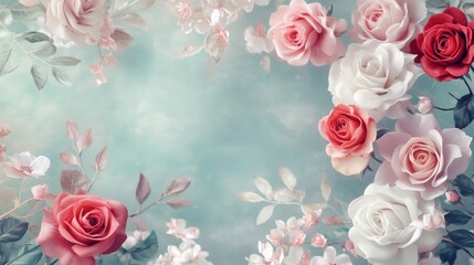 Canvas Print - Delicate floral border with pink, red, and white roses. The soft colors and intricate flower design add a touch of elegance to any background