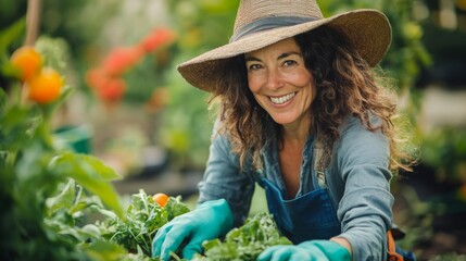 Aufkleber - A dynamic image of a woman preparing to harvest vegetables from her garden, wearing a wide-brimmed hat and gloves, showcasing the joy and rewards of gardening.