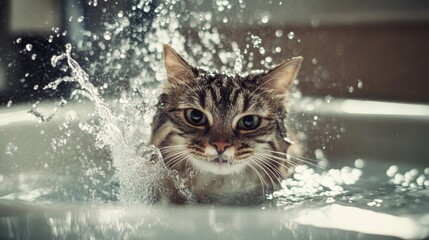 Poster - A dynamic photo of a cat splashing water playfully while trying to escape the bath, emphasizing the amusing antics of pets during their grooming sessions.