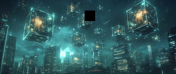 Futuristic cityscape with glowing cubes in the sky.