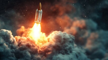 Detailed 3D illustration of a rocket launch, highlighting the dramatic fire, smoke, and ascending trajectory of the rocket