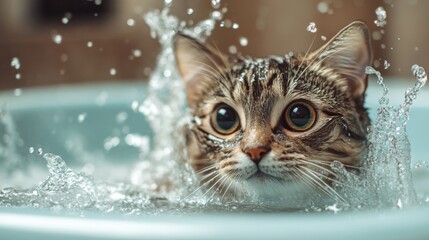 Poster - A dynamic photo of a cat splashing water playfully while trying to escape the bath, emphasizing the amusing antics of pets during their grooming sessions.