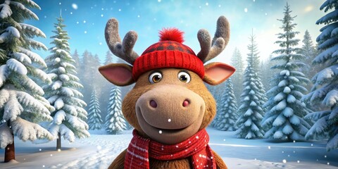 A whimsical, anthropomorphic moose cartoon character wearing a bright red scarf and hat, smiling and posing in a snowy winter forest landscape.