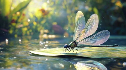 Poster - A dynamic scene of a dragonfly resting on a leaf near a serene pond, with its iridescent wings glistening in the sunlight, highlighting the grace of these insects.