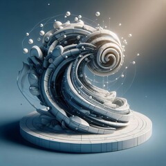 A highly detailed 3D spiral sculpture incorporating mechanical elements and intricate textures. The futuristic design with floating spheres creates a dynamic motion effect, adding depth and complexity