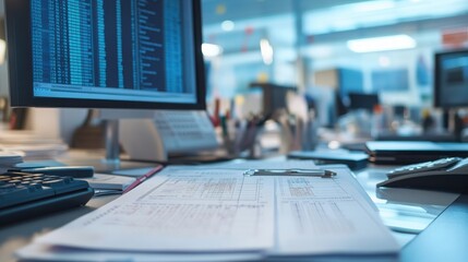 Poster - Detailed view of medical bill codes and data on a digital spreadsheet. Office scene with neat workspace and modern tech equipment