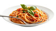 © EmmaStock - A plate of spaghetti with a fork and a leaf of basil on top. on transparent background png