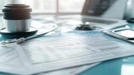 Poster - Detailed view of medical bill codes and data on a digital spreadsheet. Office scene with financial paperwork, modern tech, and organized workspace