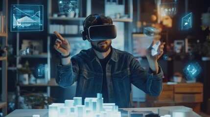 Aufkleber - A virtual reality designer innovates in a modern studio with floating 3D objects while wearing a VR headset. Generative AI