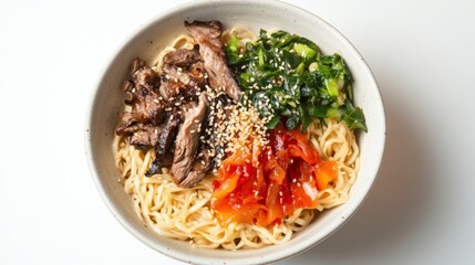 Wall Mural - A dynamic shot of a noodle dish with a variety of toppings like sliced meat, vegetables, and a sprinkle of sesame seeds, all set against a clean, white background.