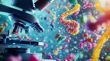 Poster - A microscope focused on colorful microbes.