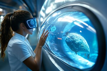 Poster - AI-driven marine exploration submarines, with scientists using holographic displays to study marine life in a high-tech underwater lab