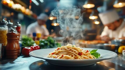 Wall Mural - A dynamic shot of a steaming plate of spaghetti being served at a bustling Italian kitchen, with chefs in action and colorful ingredients in the background