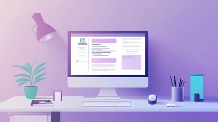 Poster - Digital e-invoice shown on a computer monitor. Office setup with financial documents, tech gadgets, and a tidy desk