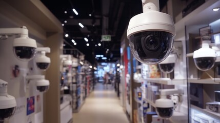 Poster - A dynamic shot of multiple CCTV cameras positioned in a retail store, monitoring customer activity, emphasizing the importance of security in commercial spaces.