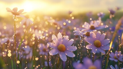 Poster - A field of wildflowers with droplets of water on each bloom, creating a serene and refreshing atmosphere as the sun rises