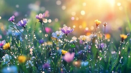 Poster - A field of wildflowers with droplets of water on each bloom, creating a serene and refreshing atmosphere as the sun rises