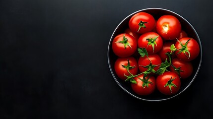 Tomato in a bowl on a black background, top view, copy space, generative ai