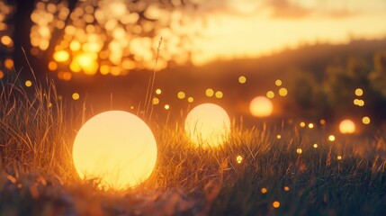 Poster - Dreamy bokeh light effects outdoors, with glowing orbs enhancing the natural beauty of the evening scene