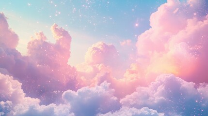 Poster - Dreamy pastel-colored clouds with gentle sparkles drifting across a tranquil sky. The soft hues and magical shimmer create a serene scene