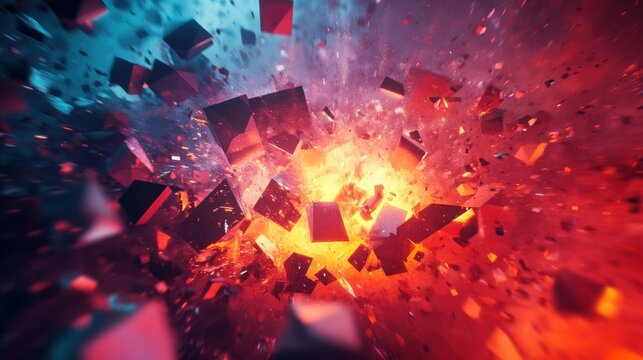 Dynamic 3D abstract background with geometric shapes, highlighting explosive power and a surface being crushed for dramatic impact