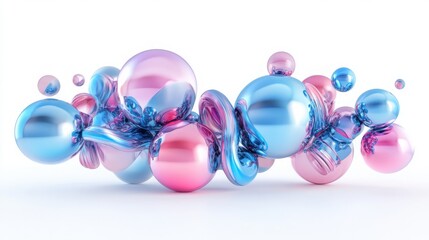 Poster - Dynamic 3D composition featuring abstract primitives in metallic blue and pink, including spheres, torus, tubes, and cones, isolated on white