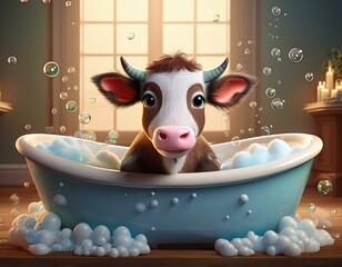 Canvas Print - Cute Cartoon Cow Taking a Bubble Bath in a Bathtub