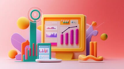 Poster - Dynamic 3D illustration of SEO optimization featuring web analytics dashboards, marketing strategies, and growth indicators, designed for digital marketing success