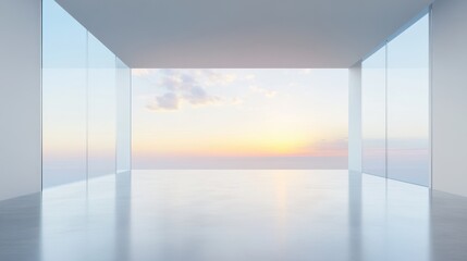 Wall Mural - a large, empty room with a view of the ocean and a beautiful sunset