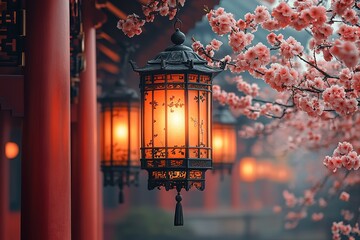 A lantern with a light inside hangs from a tree branch