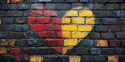 Poster - A heart painted in red and yellow on a brick wall, symbolizing love, passion, and the beauty found in unexpected places.