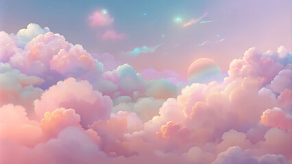 Poster - The sky is adorned with fluffy pastel clouds that blend shades of pink, purple, and blue at sunset, evoking a peaceful and enchanting ambiance for viewers
